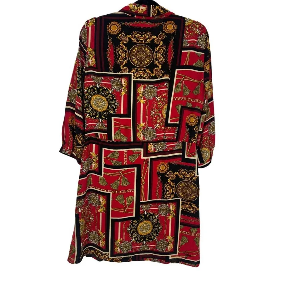 ⚜️ Bepop Red Baroque Chain Print Shirt Dress Retro Scarf Print M ⚜️ - Picture 3 of 6